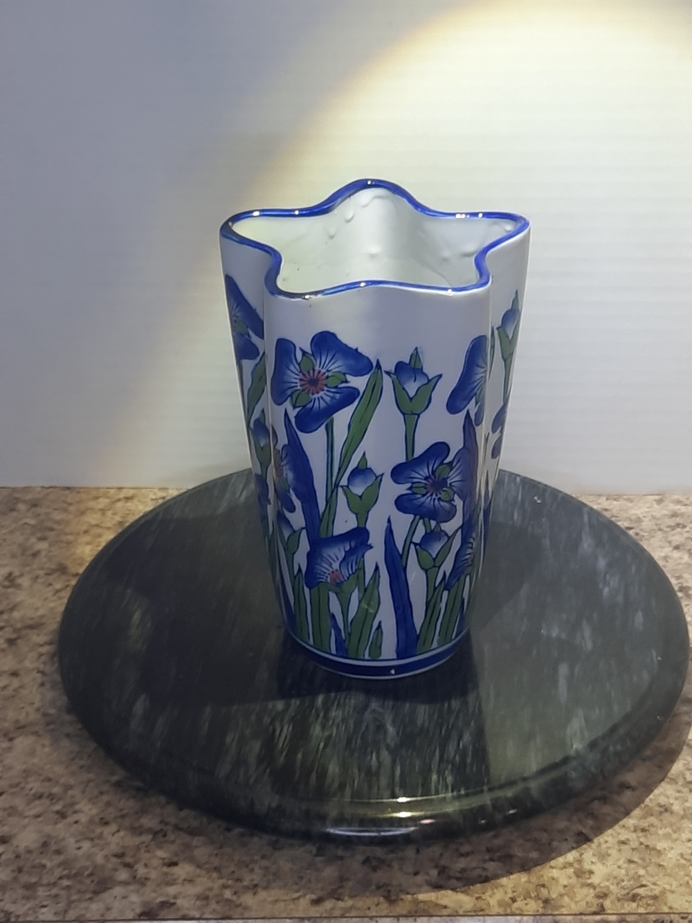 Mid-century Blue Floral Ceramic Vase - Picture 2 of 8